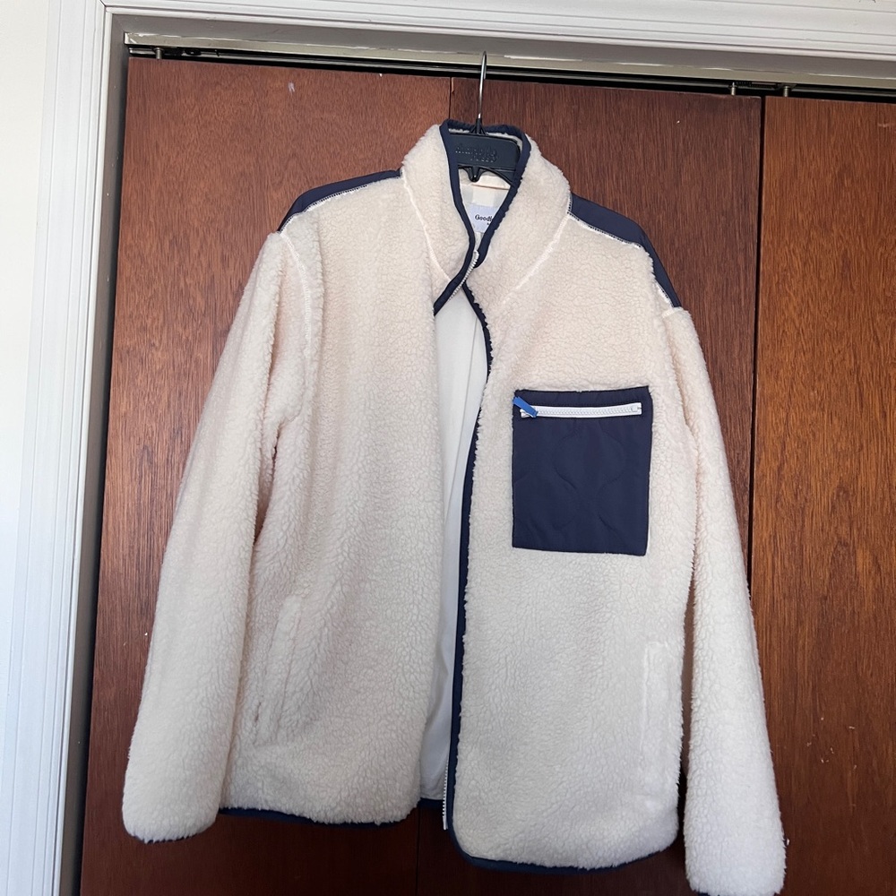 Goodfellow & Co Cream Sherpa Bomber Jacket with Navy Trim